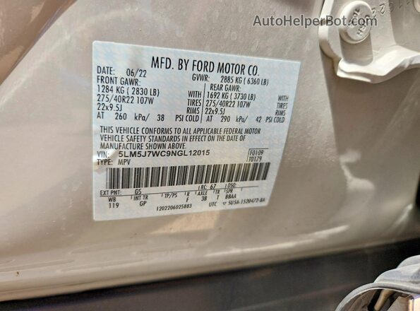 5LM5J7WC9NGL12015 2022 LINCOLN AVIATOR Beige VIN sticker view