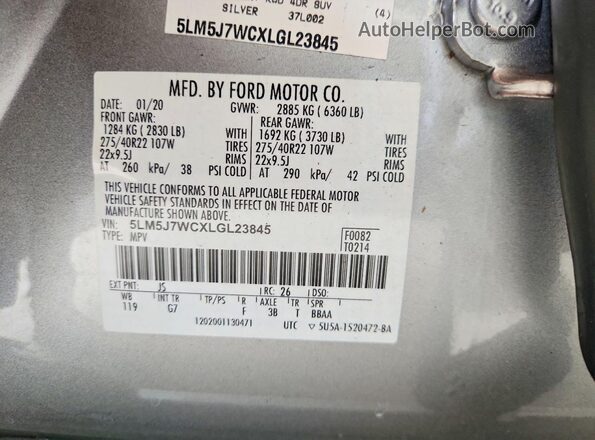 5LM5J7WCXLGL23845 2020 LINCOLN AVIATOR Silver Vista de la etiqueta del VIN