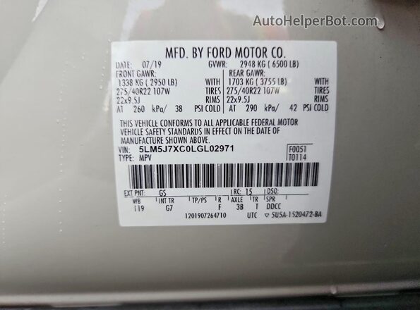 5LM5J7XC0LGL02971 2020 LINCOLN AVIATOR Tan Vista de la etiqueta del VIN