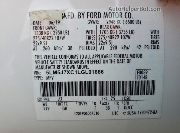 5LM5J7XC1LGL01666 2020 LINCOLN AVIATOR White Вид наклейки з VIN-кодом