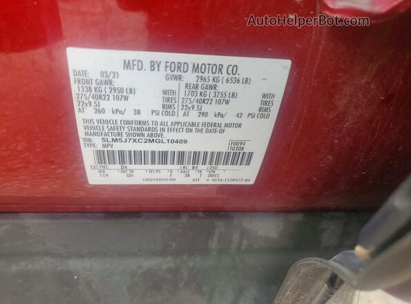 5LM5J7XC2MGL10409 2021 LINCOLN AVIATOR Red Вид наклейки з VIN-кодом