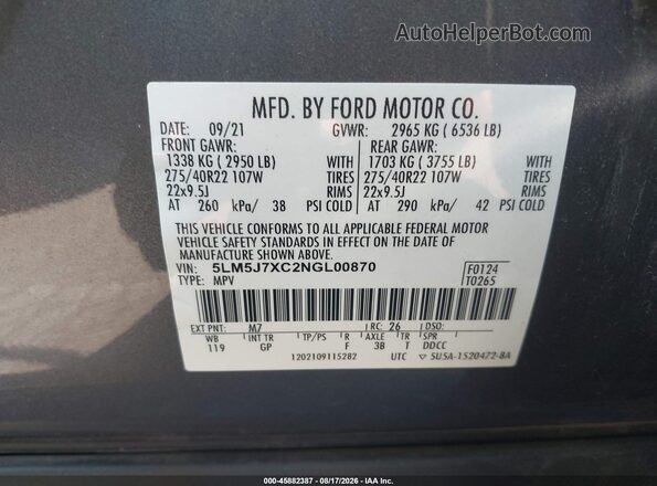 5LM5J7XC2NGL00870 2022 LINCOLN AVIATOR Gray Շարժիչի բաժամունքի տեսք