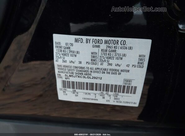 5LM5J7XC3LGL29212 2020 LINCOLN AVIATOR Black Engine compartment view