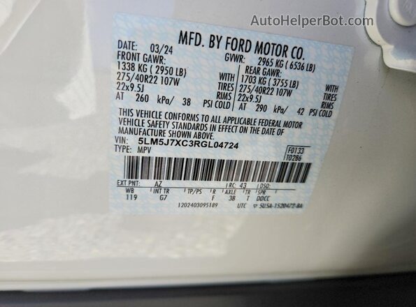5LM5J7XC3RGL04724 2024 LINCOLN AVIATOR Белый Вид наклейки с VIN-кодом