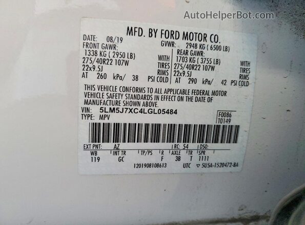 5LM5J7XC4LGL05484 2020 LINCOLN AVIATOR White VIN կոդի պիտակի տեսք