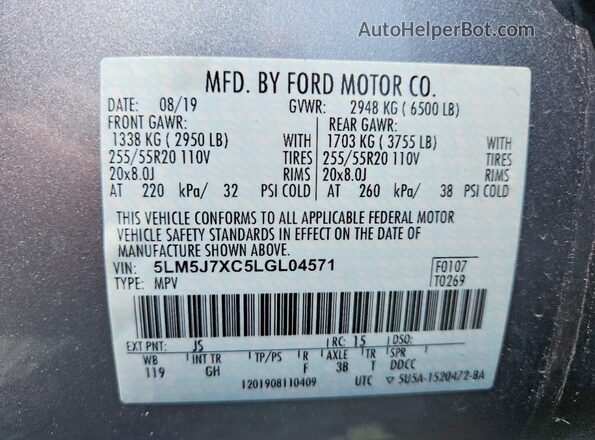 5LM5J7XC5LGL04571 2020 LINCOLN AVIATOR Silver Vista de la etiqueta del VIN