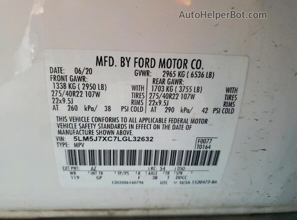 5LM5J7XC7LGL32632 2020 LINCOLN AVIATOR Белый Вид наклейки с VIN-кодом