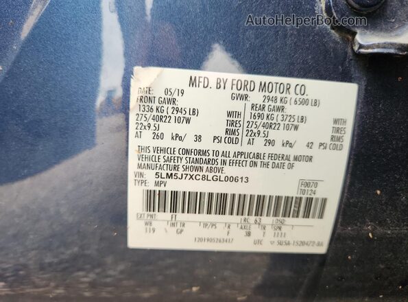 5LM5J7XC8LGL00613 2020 LINCOLN AVIATOR Blue VIN կոդի պիտակի տեսք