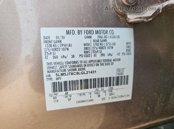 5LM5J7XC8LGL21431 2020 LINCOLN AVIATOR Tan Widok wnętrza 360 stopni