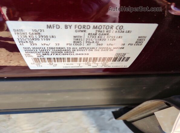 5LM5J7XC8NGL04938 2022 LINCOLN AVIATOR Burgundy Vista interior de 360 grados