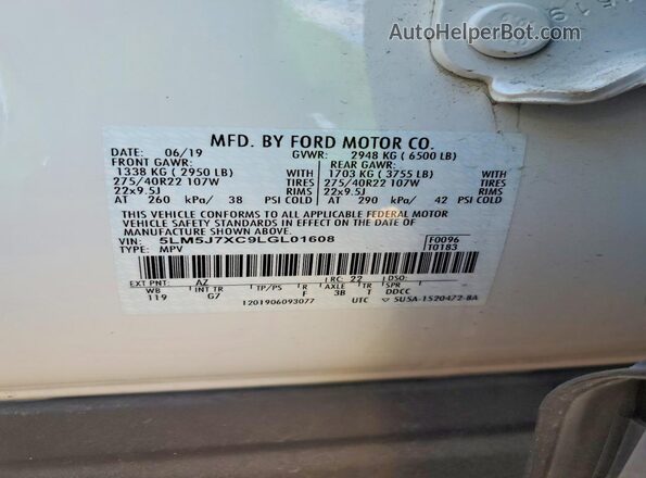 5LM5J7XC9LGL01608 2020 LINCOLN AVIATOR Белый Вид наклейки с VIN-кодом