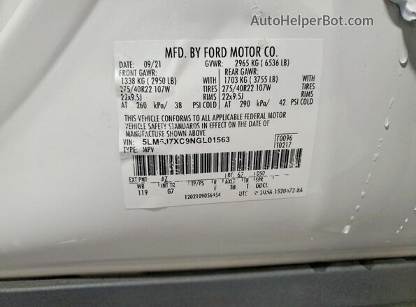 5LM5J7XC9NGL01563 2022 LINCOLN AVIATOR White VIN კოდის სტიკერის ხედი