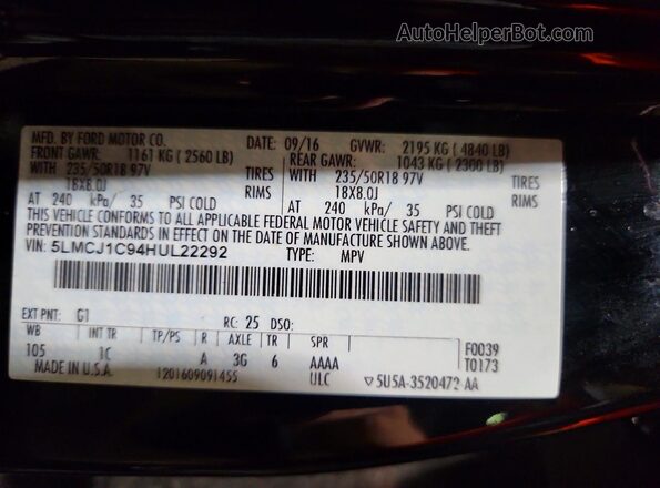 5LMCJ1C94HUL22292 2017 LINCOLN MKC Black VIN კოდის სტიკერის ხედი