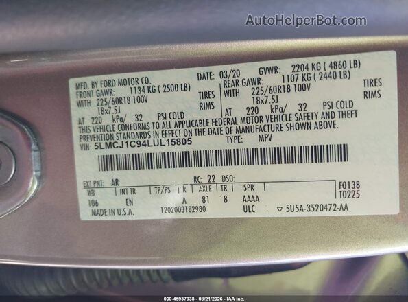 5LMCJ1C94LUL15805 2020 LINCOLN CORSAIR Золотой Вид подкапотного пространства