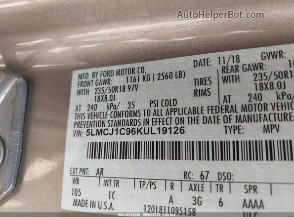 5LMCJ1C96KUL19126 2019 LINCOLN MKC Gold Շարժիչի բաժամունքի տեսք