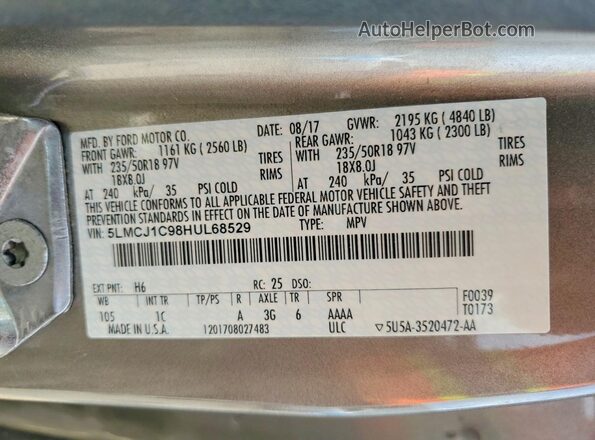 5LMCJ1C98HUL68529 2017 LINCOLN MKC Brown VIN sticker view