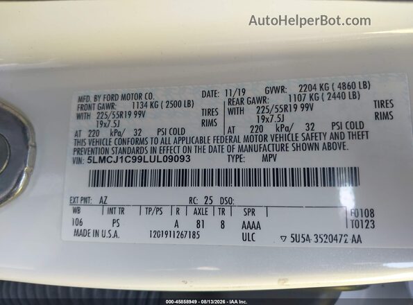 5LMCJ1C99LUL09093 2020 LINCOLN CORSAIR White Widok komory silnika