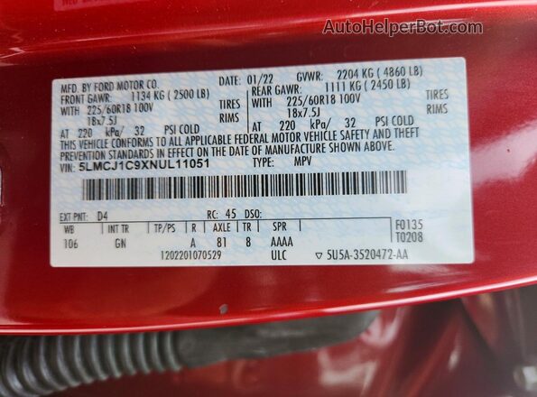 5LMCJ1C9XNUL11051 2022 LINCOLN CORSAIR Red VIN sticker view