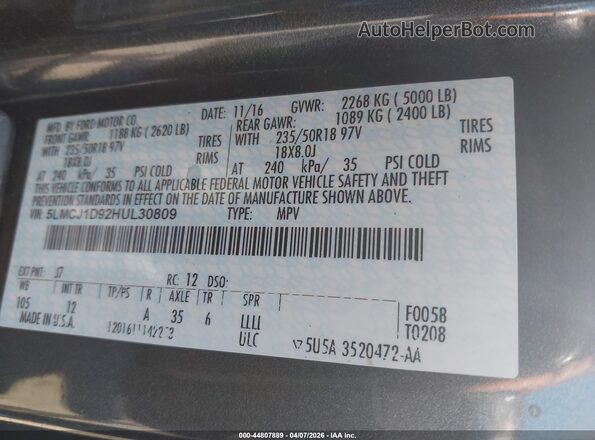 5LMCJ1D92HUL30809 2017 LINCOLN MKC Gray Widok komory silnika