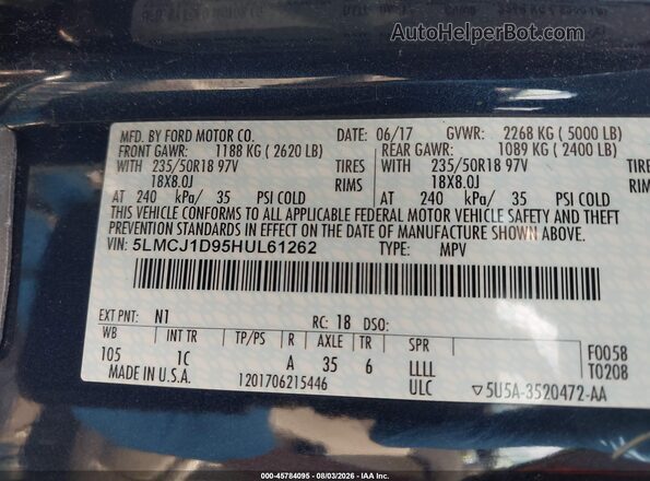 5LMCJ1D95HUL61262 2017 LINCOLN MKC Blue Engine compartment view