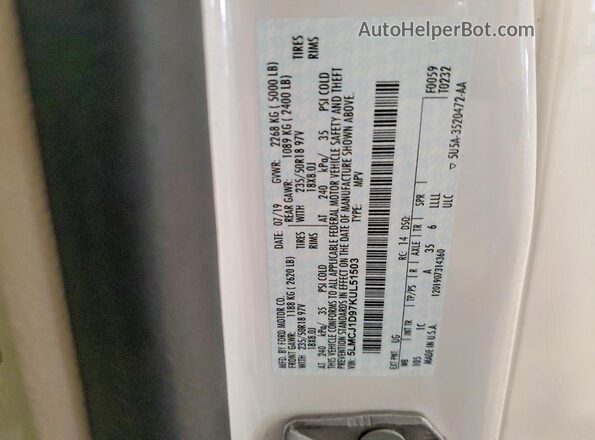5LMCJ1D97KUL51503 2019 LINCOLN MKC White VIN sticker view
