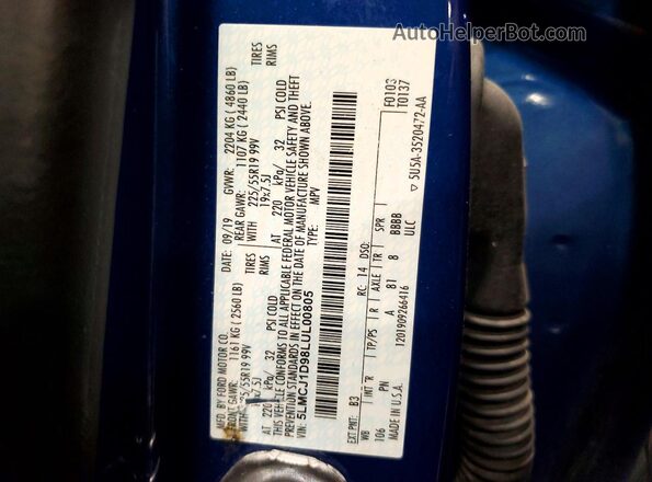 5LMCJ1D98LUL00805 2020 LINCOLN CORSAIR Blue Widok naklejki z numerem VIN
