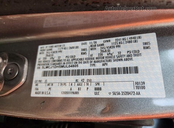 5LMCJ1DH5MUL04805 2021 LINCOLN CORSAIR Silver Widok komory silnika