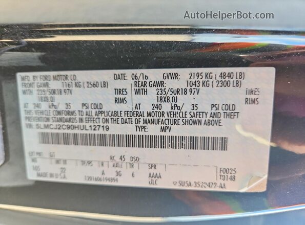 5LMCJ2C90HUL12719 2017 LINCOLN MKC Черный 