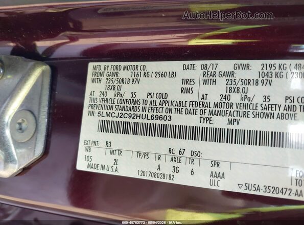5LMCJ2C92HUL69603 2017 LINCOLN MKC Maroon Շարժիչի բաժամունքի տեսք