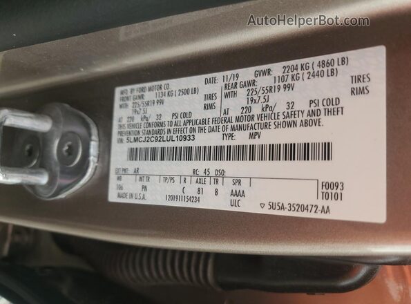 5LMCJ2C92LUL10933 2020 LINCOLN CORSAIR Beige Widok naklejki z numerem VIN