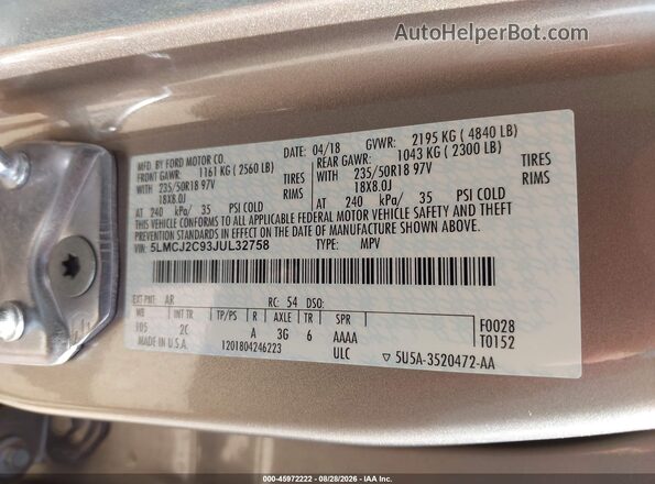 5LMCJ2C93JUL32758 2018 LINCOLN MKC Champagne Вид підкапотного простору