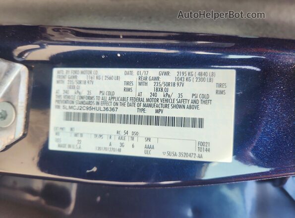 5LMCJ2C95HUL36367 2017 LINCOLN MKC Blue Вид підкапотного простору