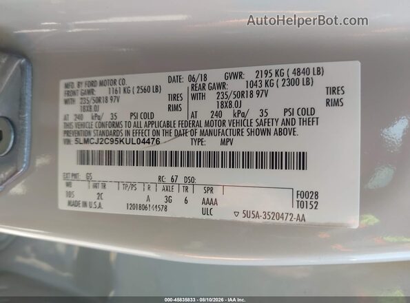 5LMCJ2C95KUL04476 2019 LINCOLN MKC Black ძრავის განყოფილების ხედი