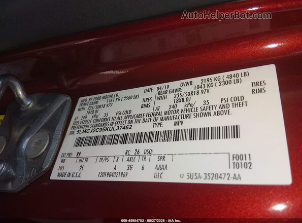 5LMCJ2C95KUL37462 2019 LINCOLN MKC Red Widok komory silnika
