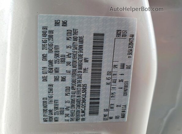 5LMCJ2C96KUL50835 2019 LINCOLN MKC White VIN sticker view