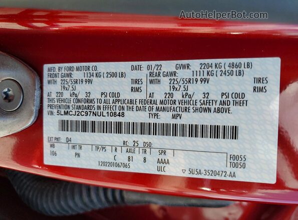 5LMCJ2C97NUL10848 2022 LINCOLN CORSAIR Red Widok komory silnika