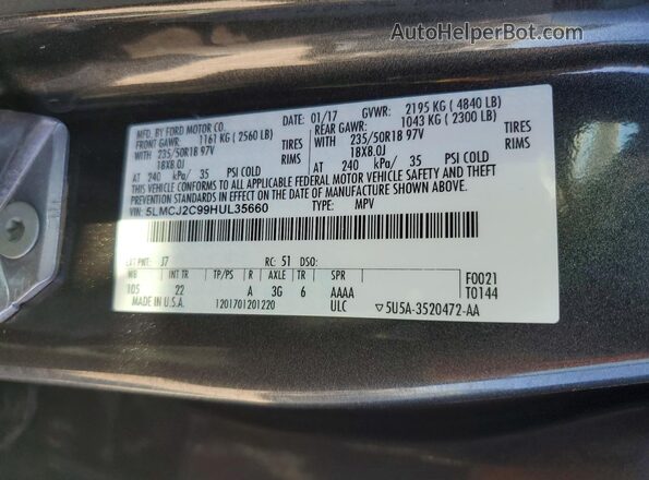5LMCJ2C99HUL35660 2017 LINCOLN MKC Gray VIN կոդի պիտակի տեսք