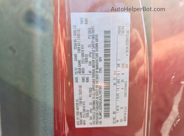 5LMCJ2D92JUL15190 2018 LINCOLN MKC Red Vista de la etiqueta del VIN