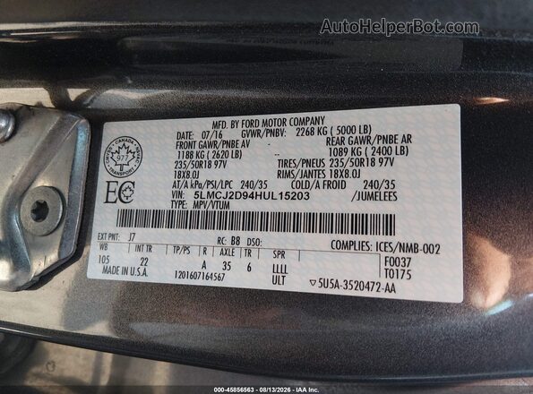 5LMCJ2D94HUL15203 2017 LINCOLN MKC Gray Vista del compartimento del motor