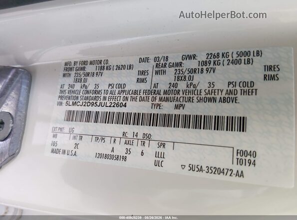 5LMCJ2D95JUL22604 2018 LINCOLN MKC White Engine compartment view