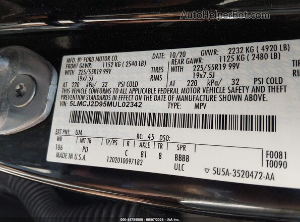 5LMCJ2D95MUL02342 2021 LINCOLN CORSAIR Black Շարժիչի բաժամունքի տեսք