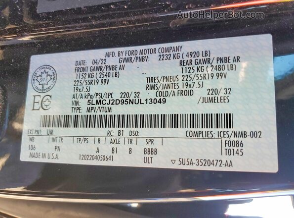 5LMCJ2D95NUL13049 2022 LINCOLN CORSAIR Black VIN կոդի պիտակի տեսք