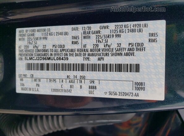 5LMCJ2D96MUL08439 2021 LINCOLN CORSAIR Gray Вид підкапотного простору