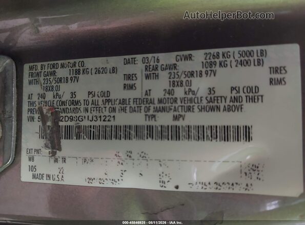 5LMCJ2D98GUJ31221 2016 LINCOLN MKC Коричневый Вид подкапотного пространства