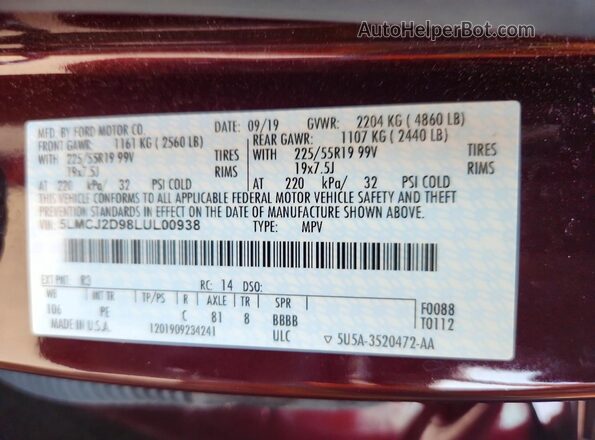 5LMCJ2D98LUL00938 2020 LINCOLN CORSAIR Burgundy VIN sticker view