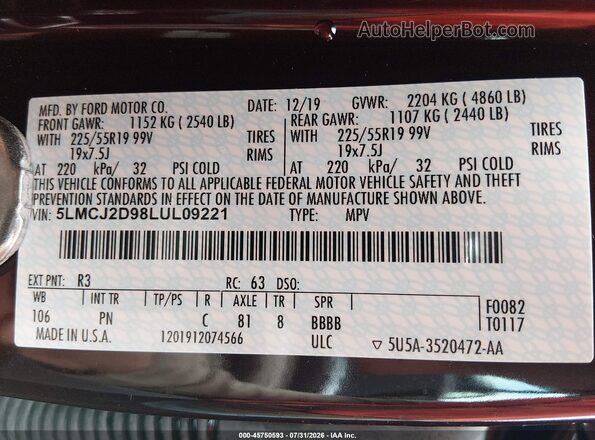 5LMCJ2D98LUL09221 2020 LINCOLN CORSAIR Burgundy Engine compartment view