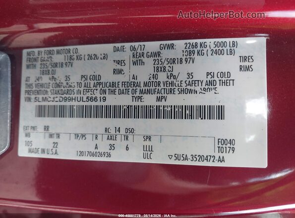 5LMCJ2D99HUL56619 2017 LINCOLN MKC Red Vista del compartimento del motor