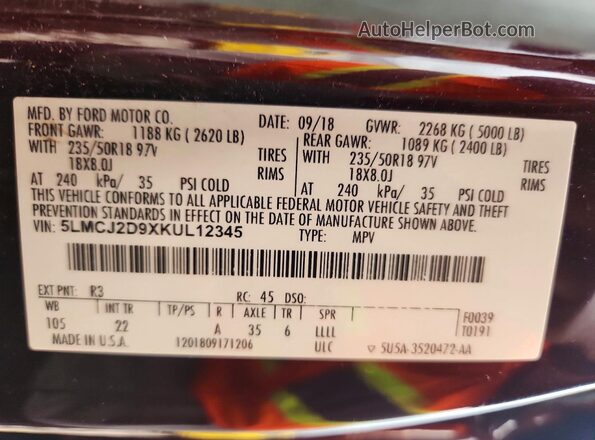 5LMCJ2D9XKUL12345 2019 LINCOLN MKC Burgundy VIN sticker view