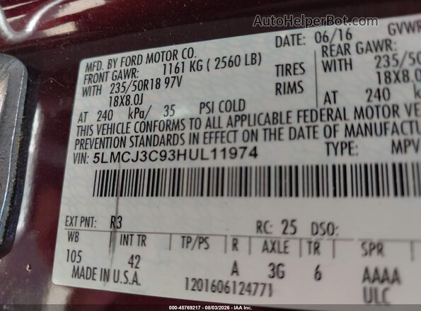 5LMCJ3C93HUL11974 2017 LINCOLN MKC Purple Вид підкапотного простору