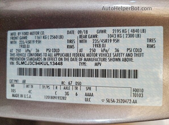 5LMCJ3C94KUL13448 2019 LINCOLN MKC Brown Widok komory silnika